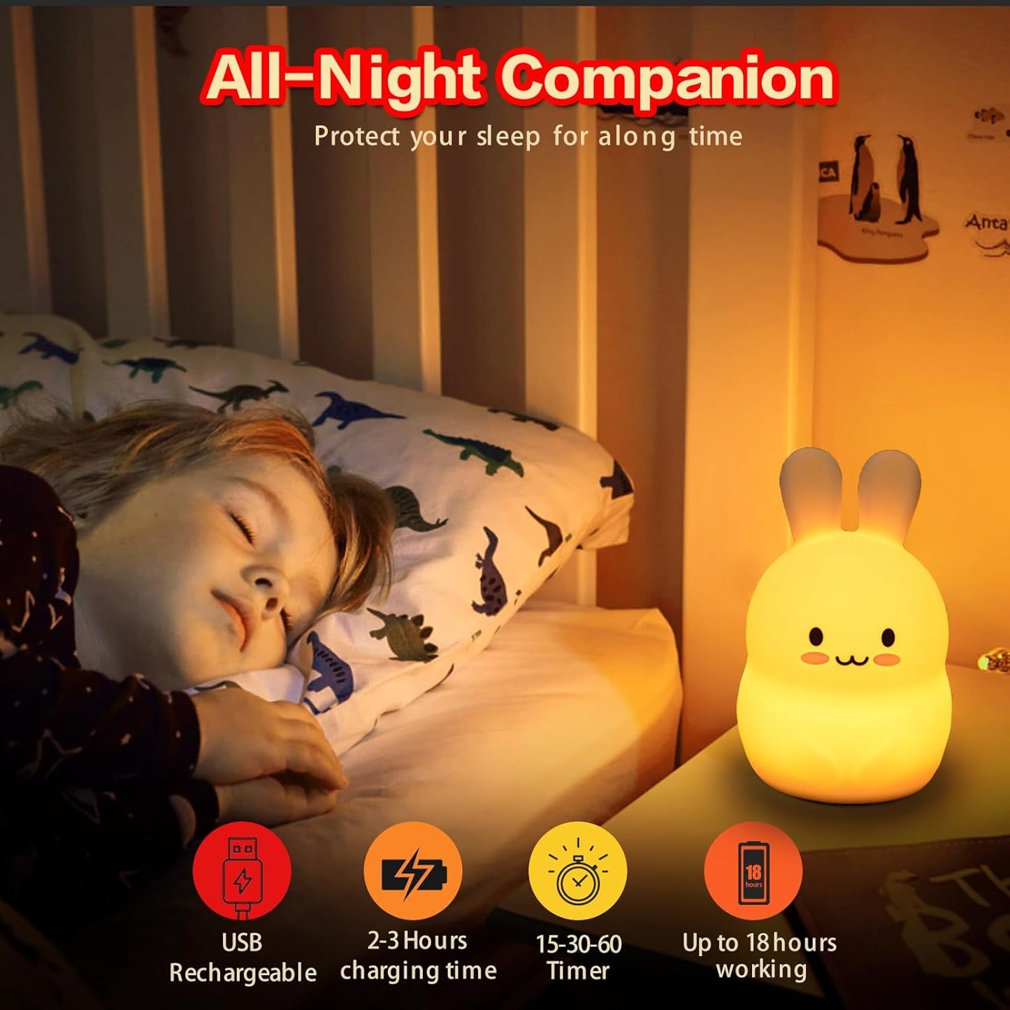 WHA&DARREN Rabbit Silicone Kids Night Light with Remote