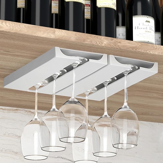 2 Pack Plastic Wine Glass Rack – Punch‑Free Under‑Cabinet (White)