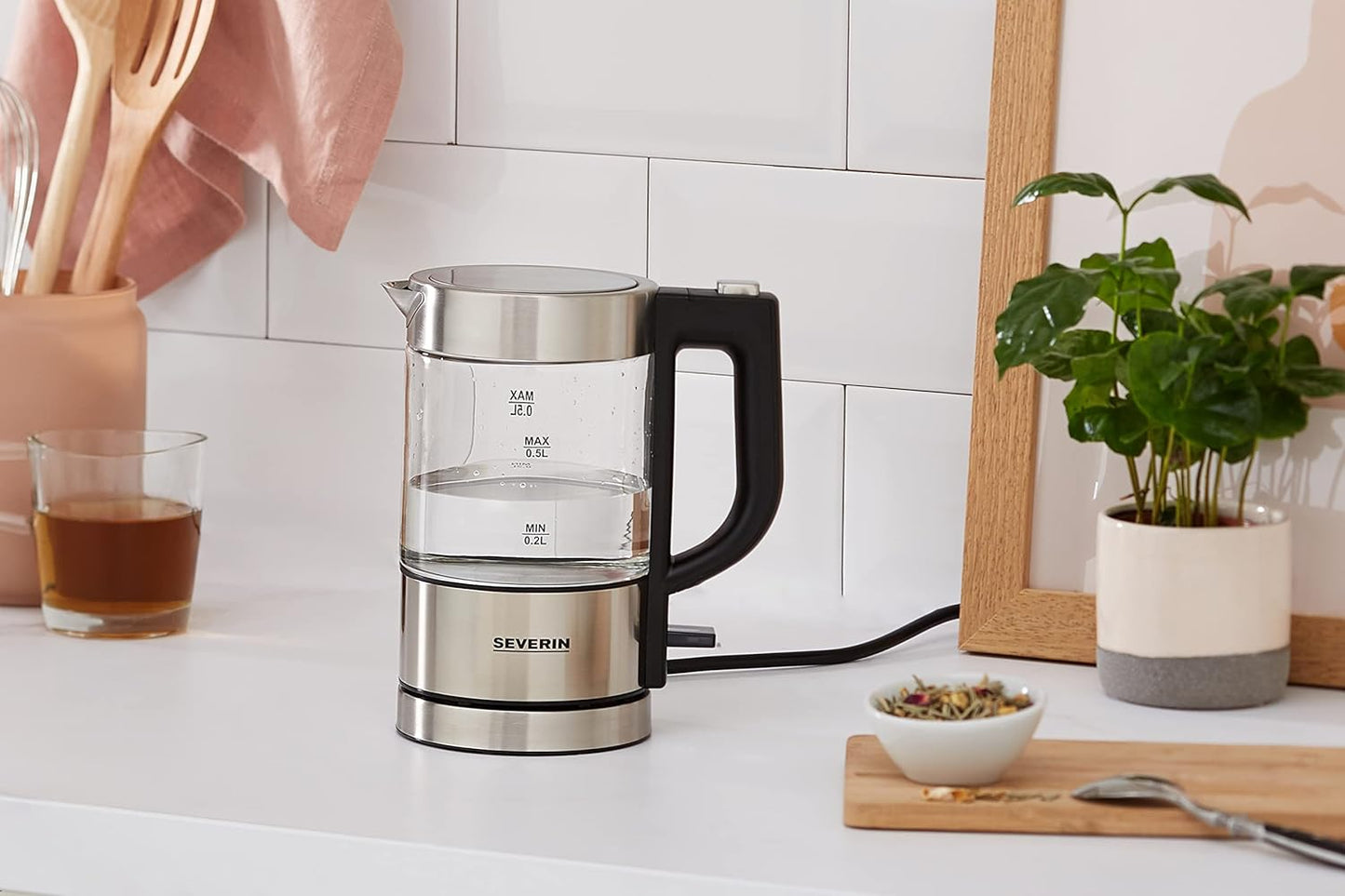 SEVERIN Mini Glass Kettle 0.5L Stainless Steel Black Compact