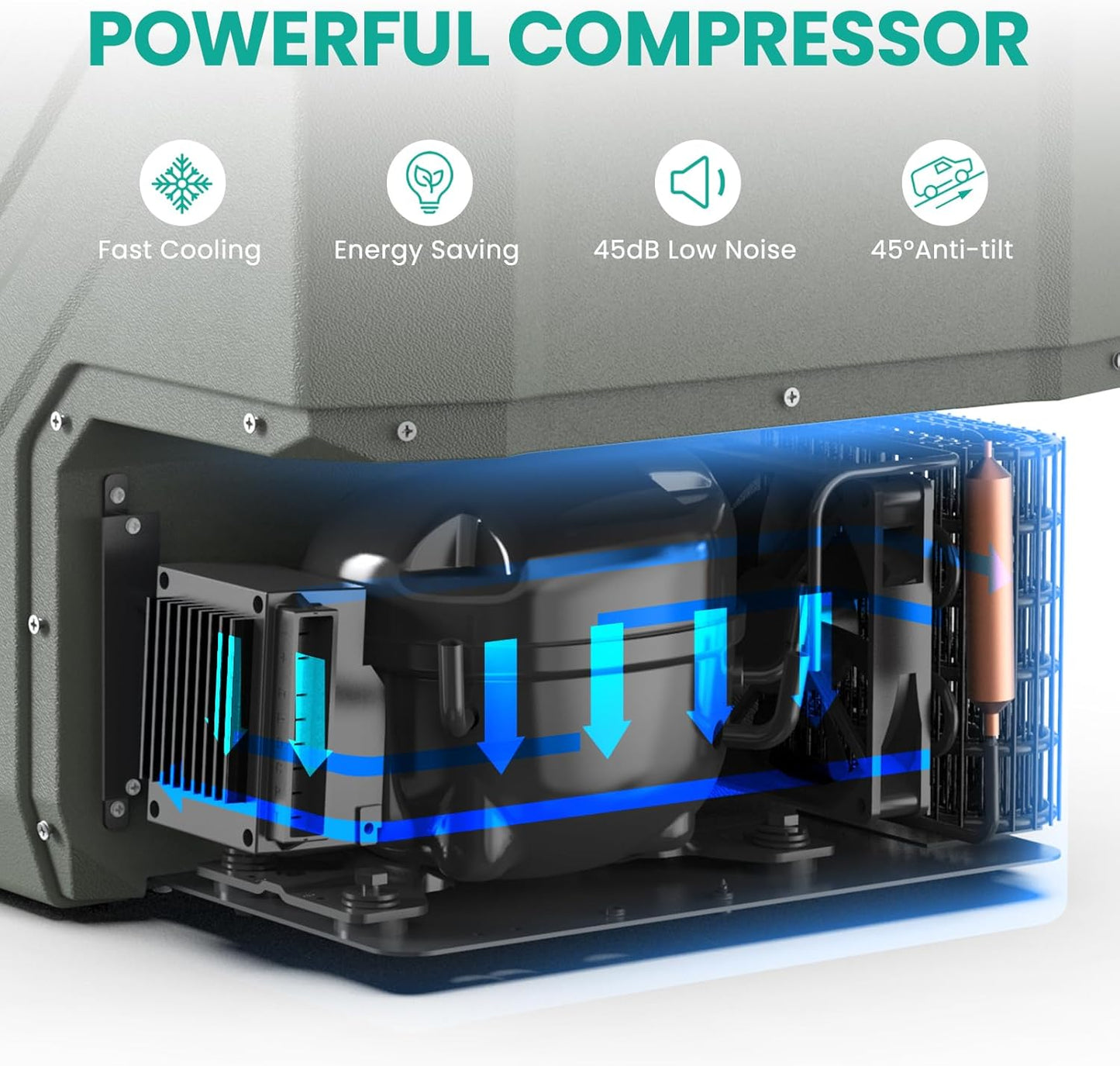 Powerful compressor with features listed on a white background