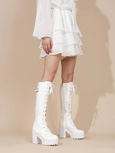 White Gothic Platform Knee-High Boots with Block Heel - Gomix Brands Outlet