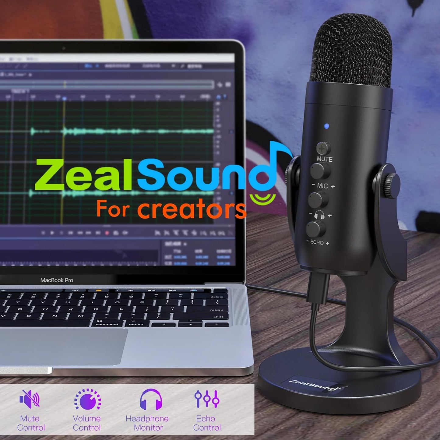ZealSound K66 USB Condenser Microphone with Adjustable Gain, 360° Rotatable