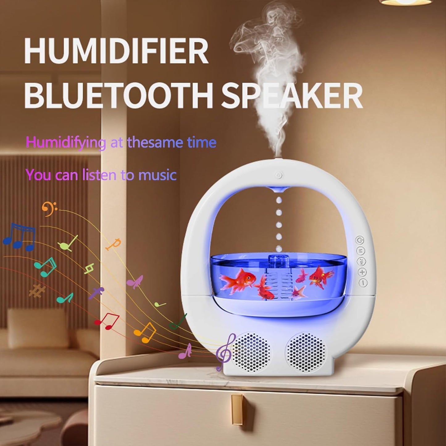 Anti-Gravity Humidifier with Fish Tank, 7-Color Night Light & Bluetooth Speaker