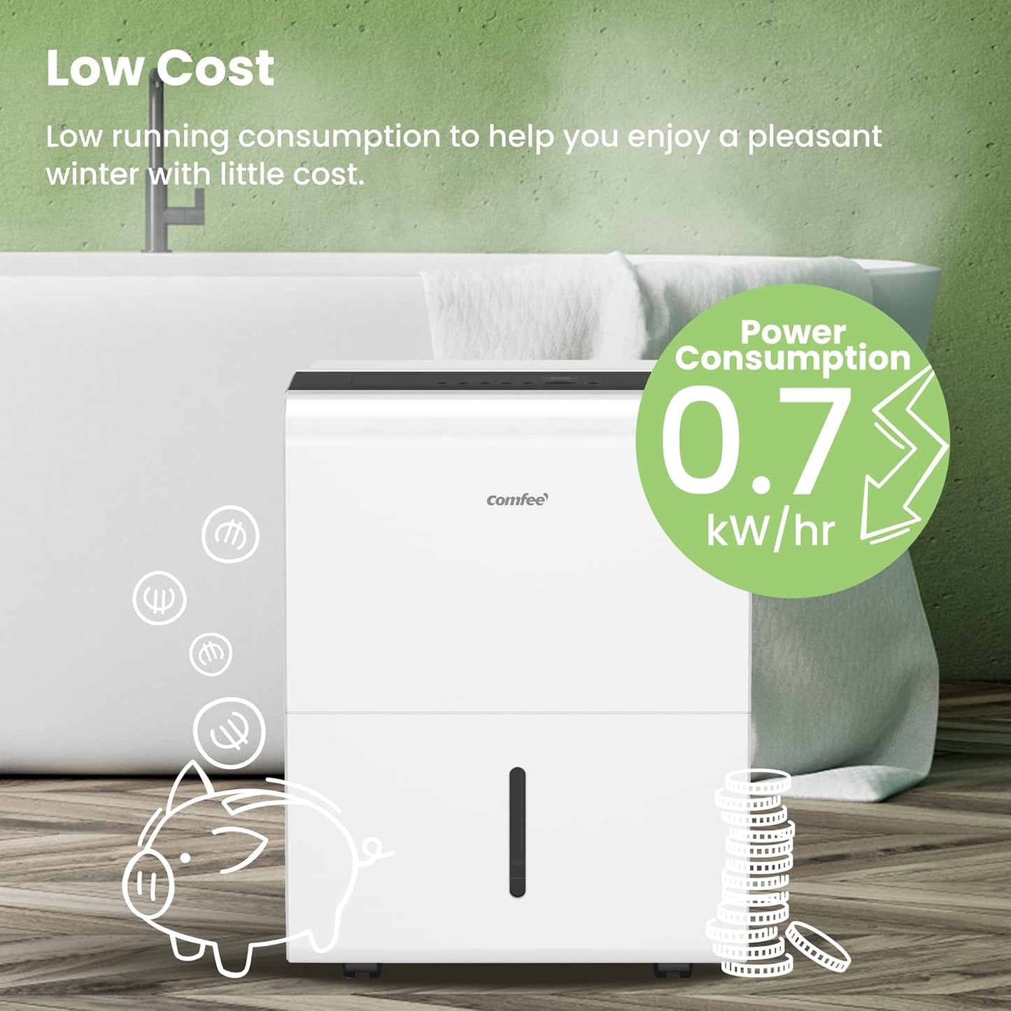 Comfee 30 Pint Dehumidifier for Large Rooms, Smart Dehumidification, 24-Hour Timer