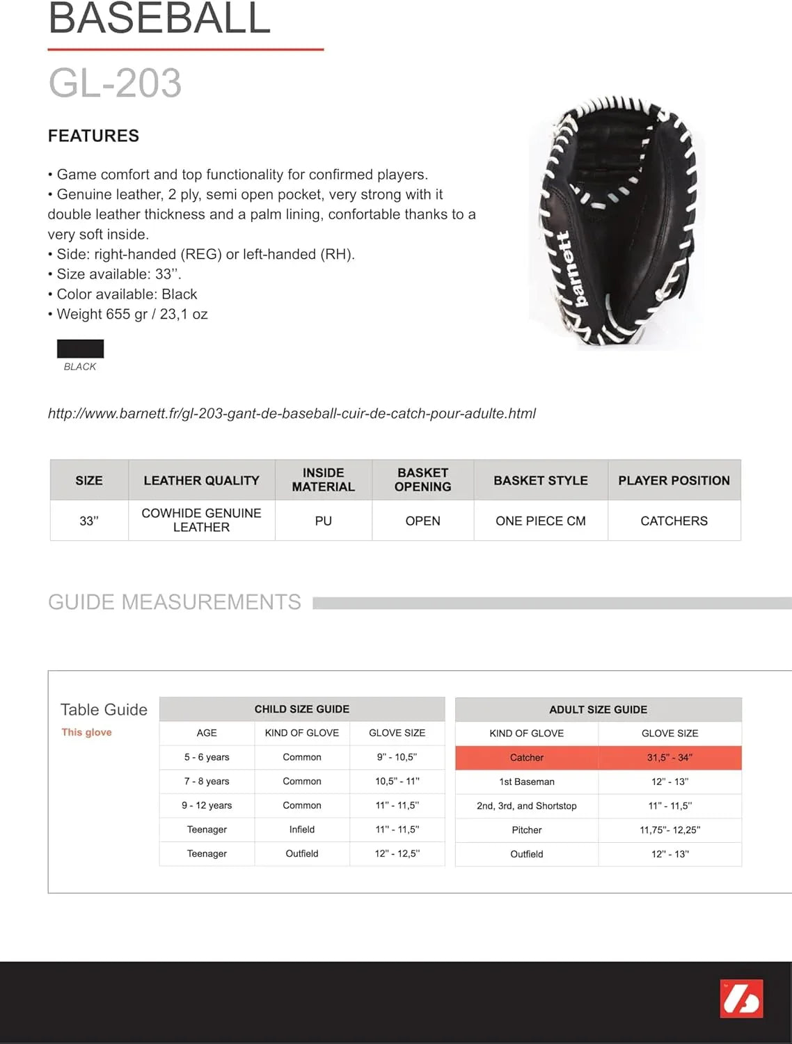 Barnett GL-203 Premium Leather Catcher Baseball Glove Adult Size 33 - Gomix Brands Outlet