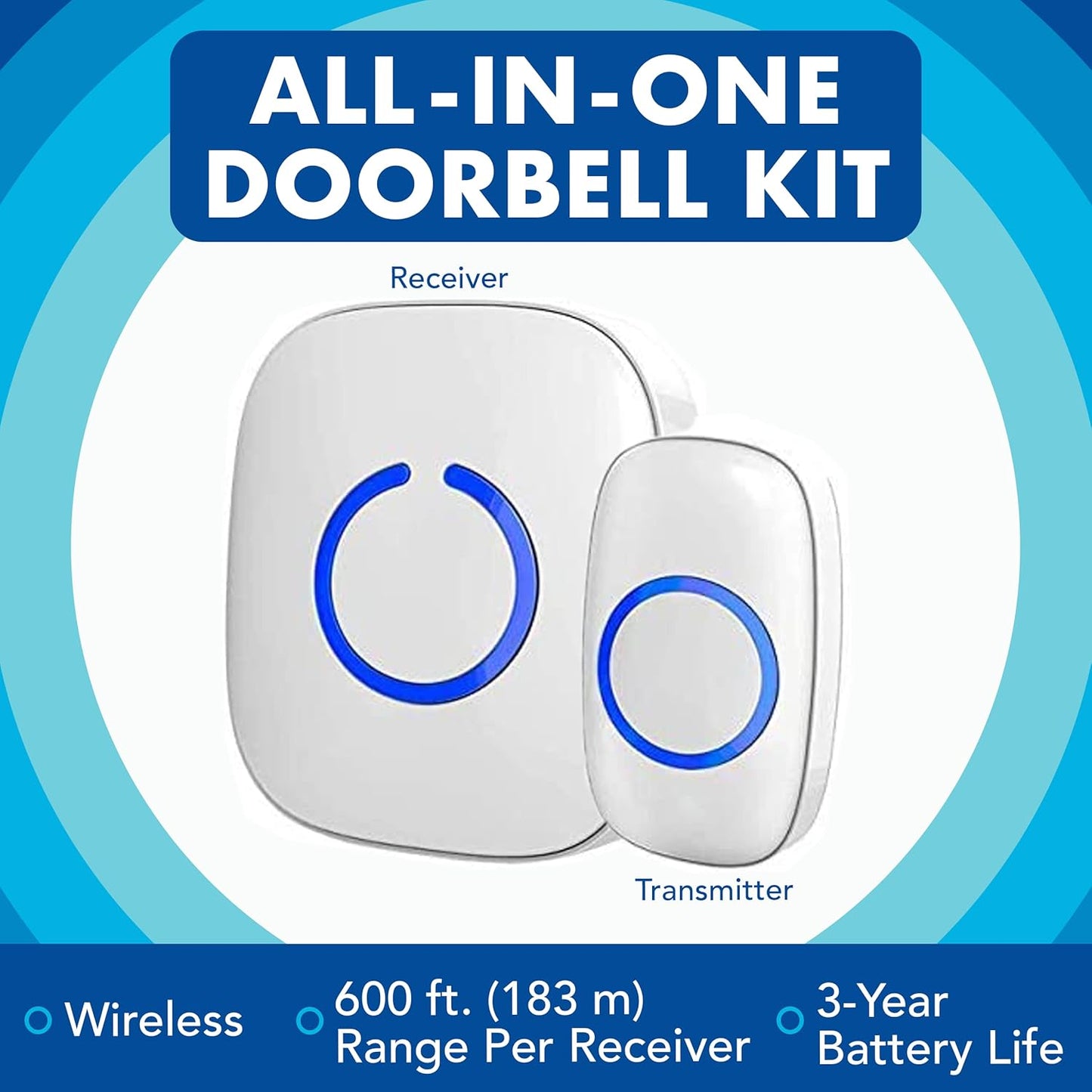 SadoTech Wireless Doorbell: 1 Button, 2 Chimes, Easy Install, Long Range, White