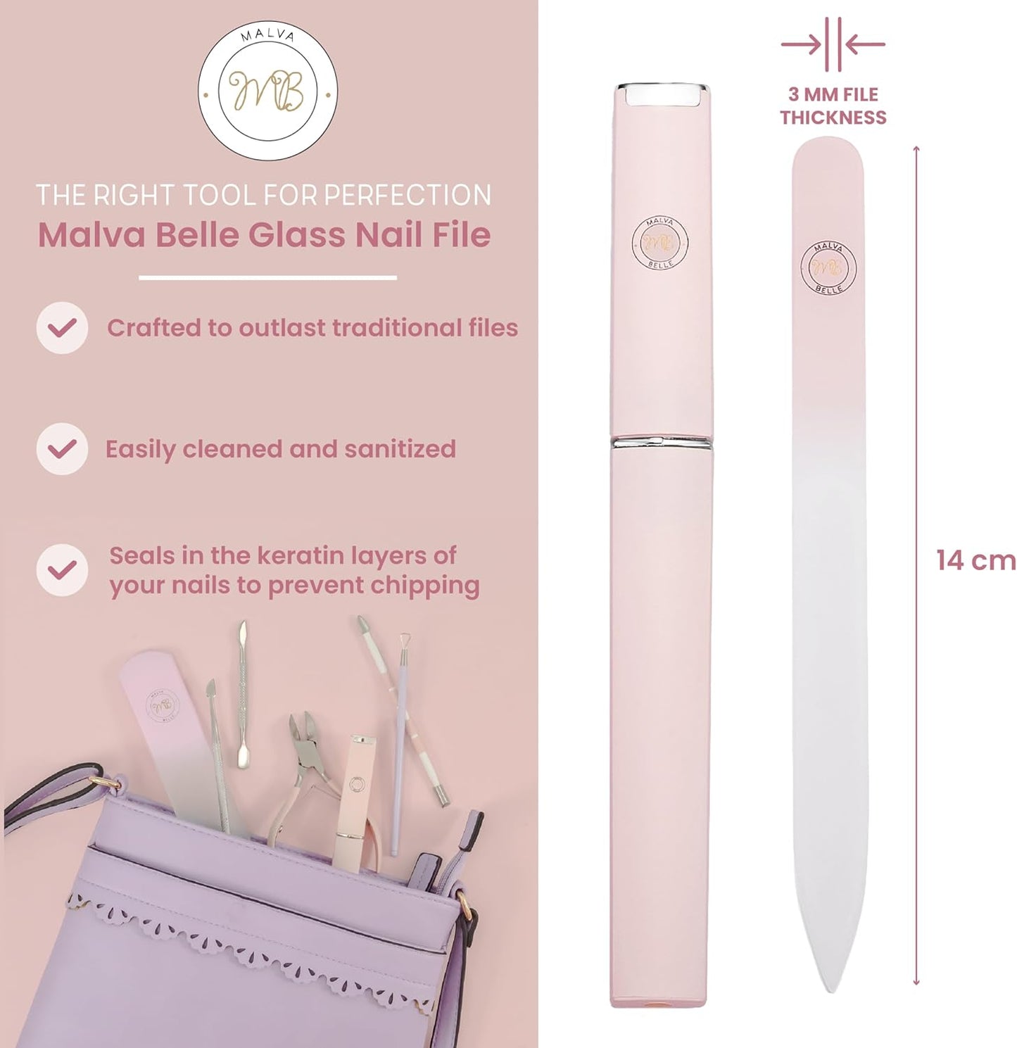 Malva Belle Pink Crystal Glass Nail File with Dual‑Side 3mm