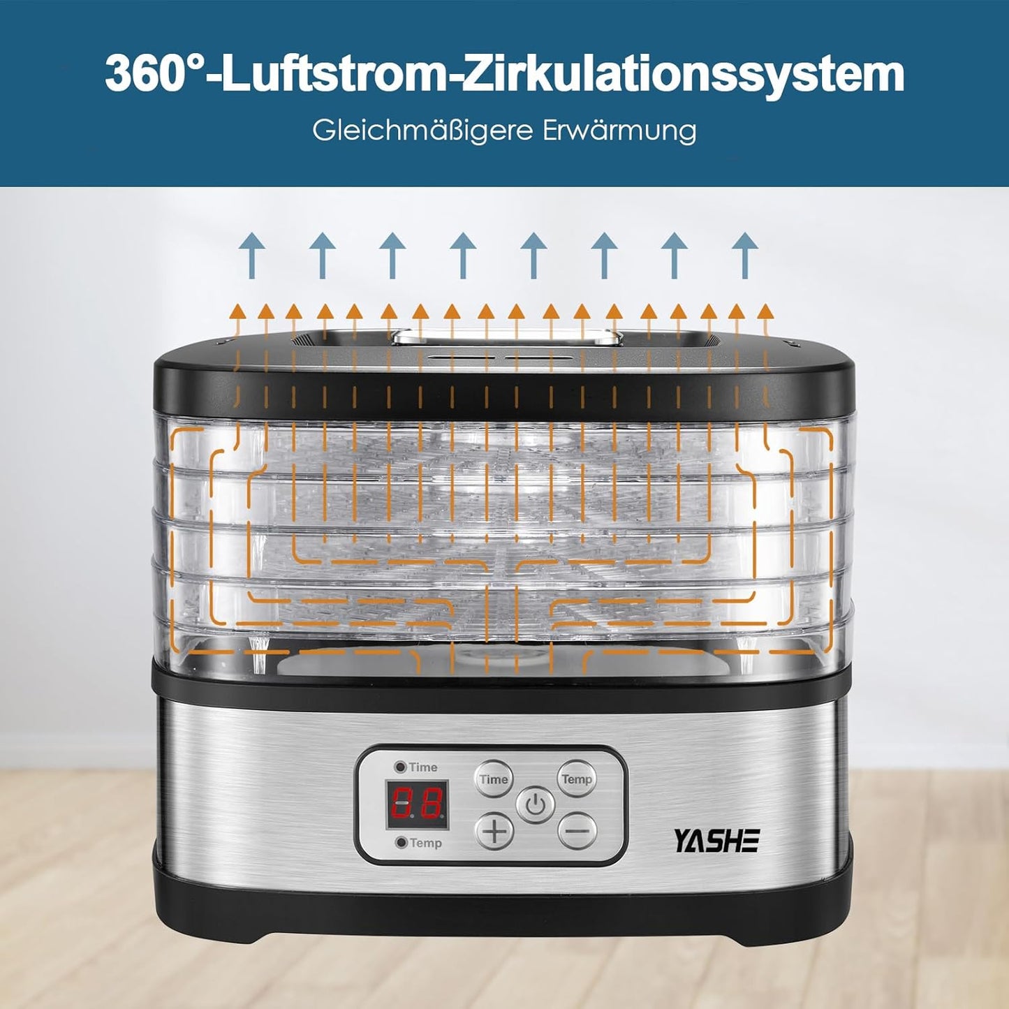 YASHE GGJ-261B 5‑Tray Food Dehydrator with LED Display, 35‑70°C Temperature Range, 72‑Hour Timer