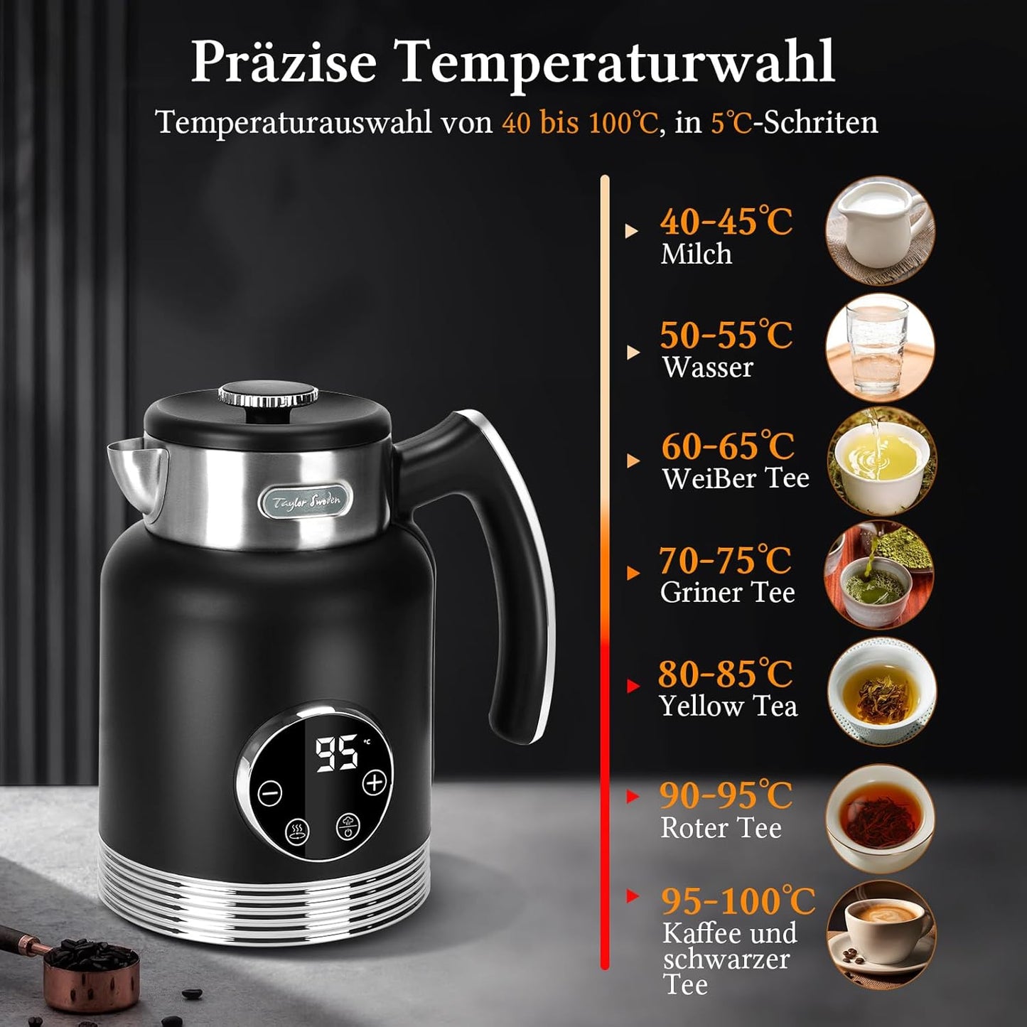 Taylor Swoden 2L Double-Walled Stainless Electric Kettle with Precise Temp