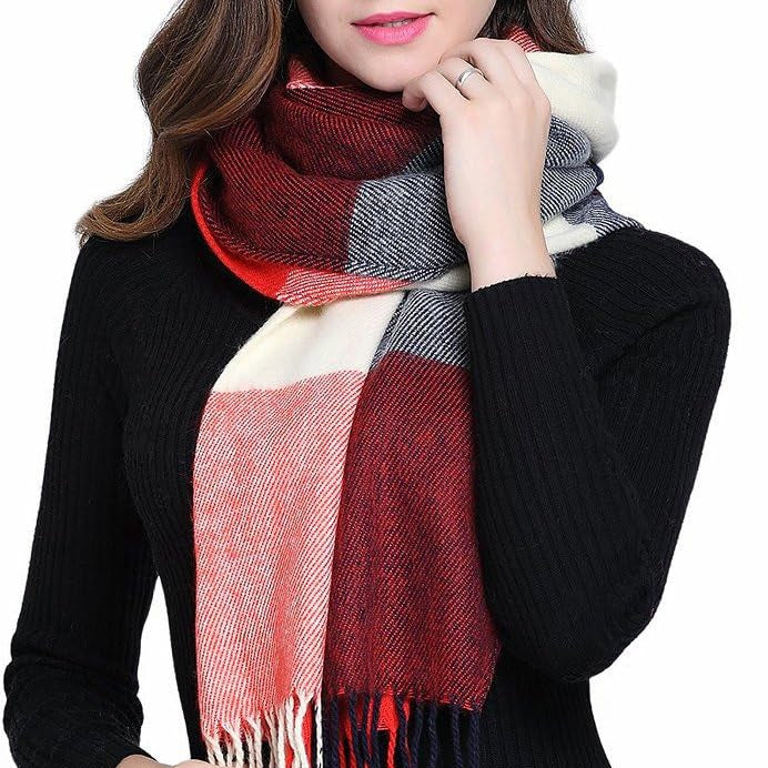 Cozy Long Women's Plaid Cashmere-Blend Winter Shawl Scarf with Tassel