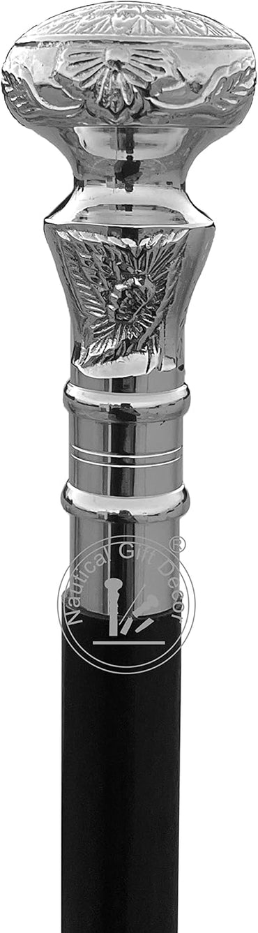 Vintage Antique Wooden Walking Cane with Silver Brass Handle