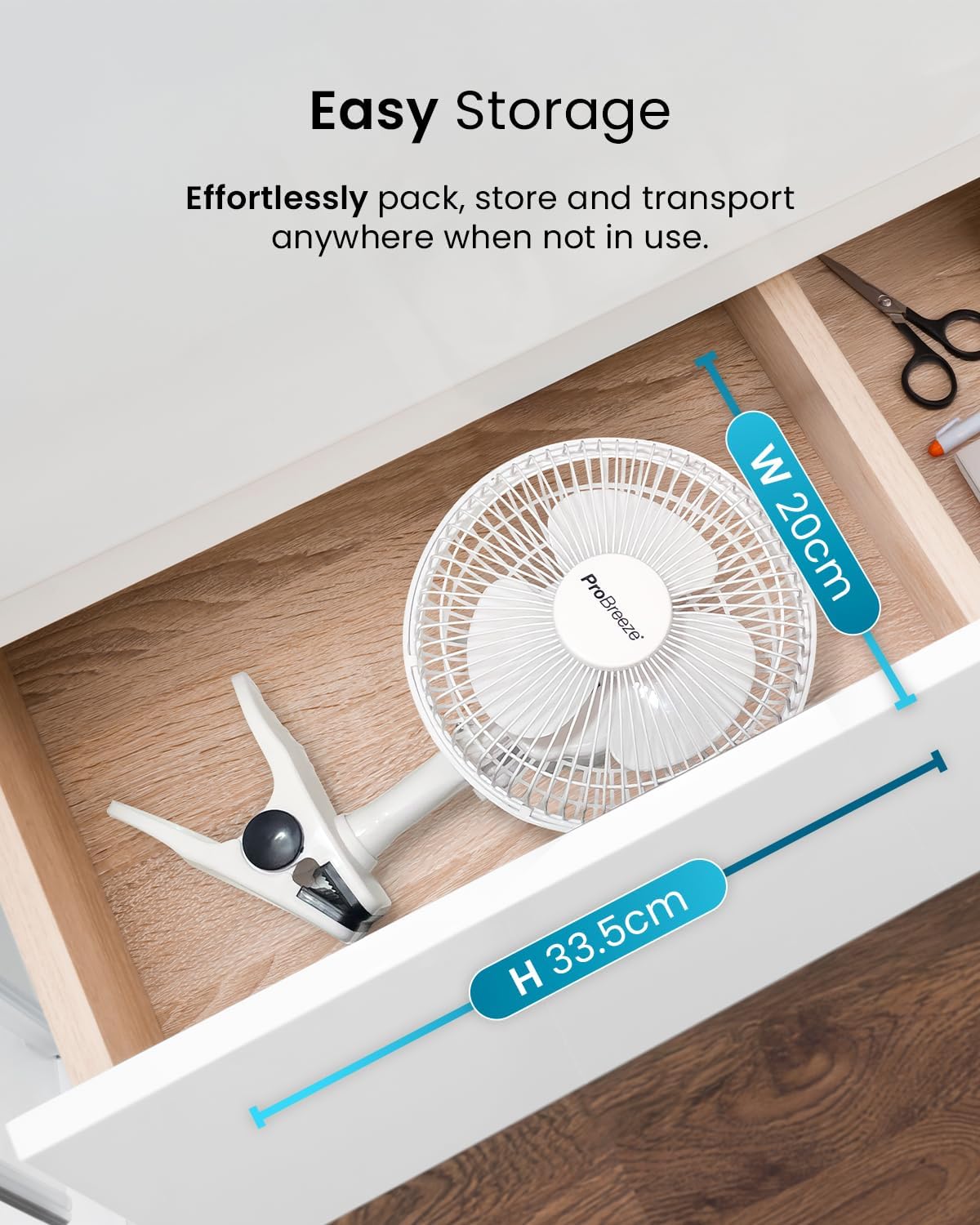 Pro Breeze Mini Fan with Clip, Very Quiet, 20 cm Diameter, 2 Speed Settings, Ideal as Table Fan
