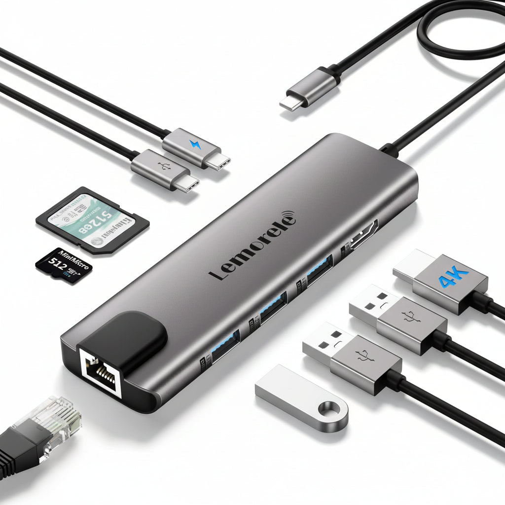 Lemorel USB‑C 9‑in‑1 Hub with Ethernet, HDMI 4K, Brown