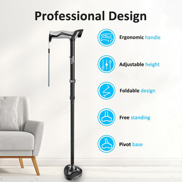Adjustable Folding Walking Cane with Self-Standing Base for Seniors