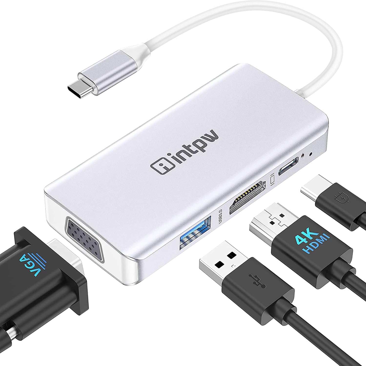 Intpw USB-C to HDMI VGA Adapter 4K HDMI 1080P VGA USB 3.0 PD 100W Charging for MacBook Pro Air iPad Pro Dell XPS Thunderbolt 3