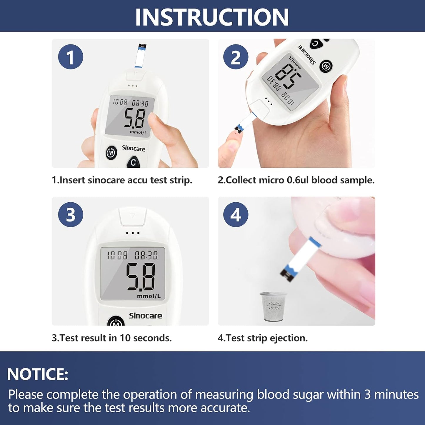 Sinocare Safe Accu Blood Glucose Monitor Kit with 50 Strips