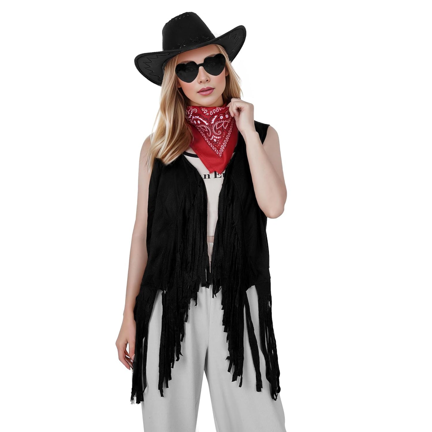 Western Cowgirl Costume Set with Fringe Vest, Hat, Sunglasses, Bandana