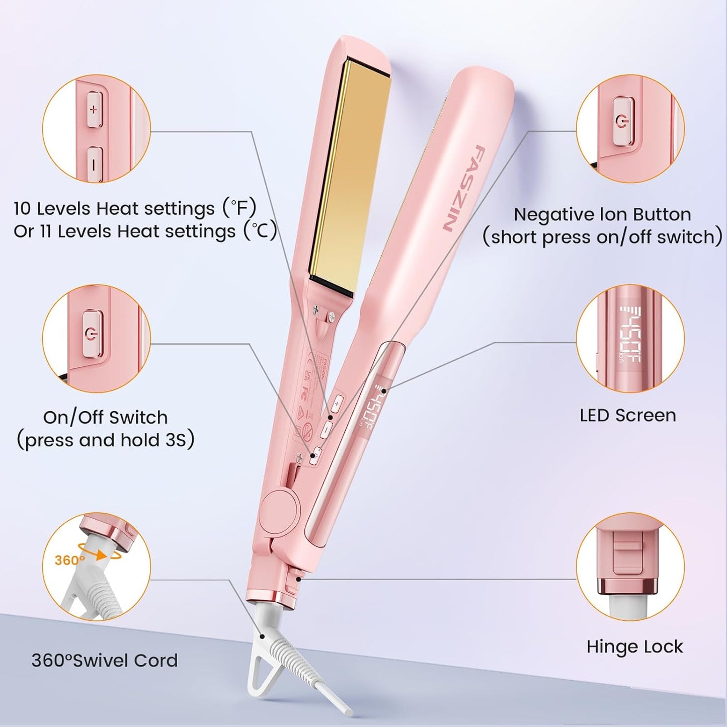 Faszin Professional 1.65 Wide-Plate Titanium Hair Straightener Pink - Gomix Brands Outlet