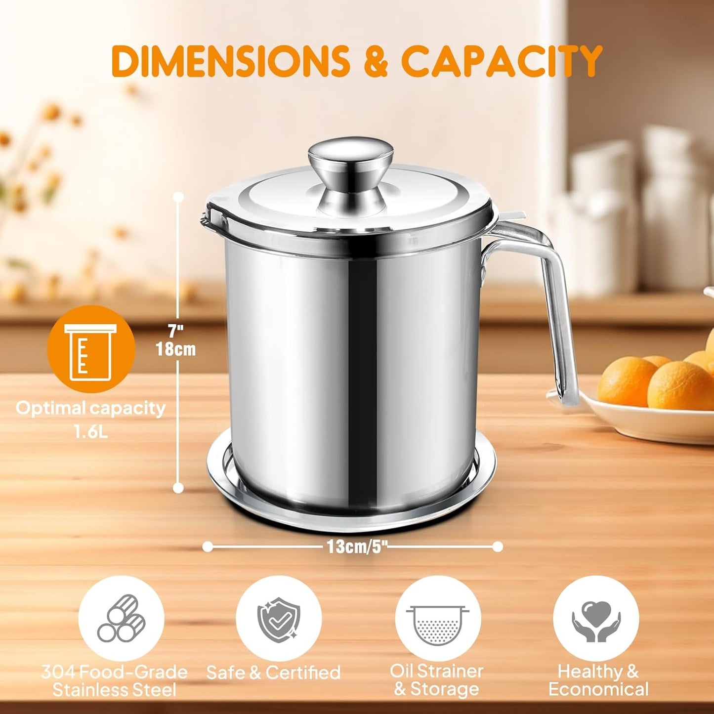 Chihee 2L Stainless Steel Oil Strainer Pot with Fine Mesh and Non‑Slip Base