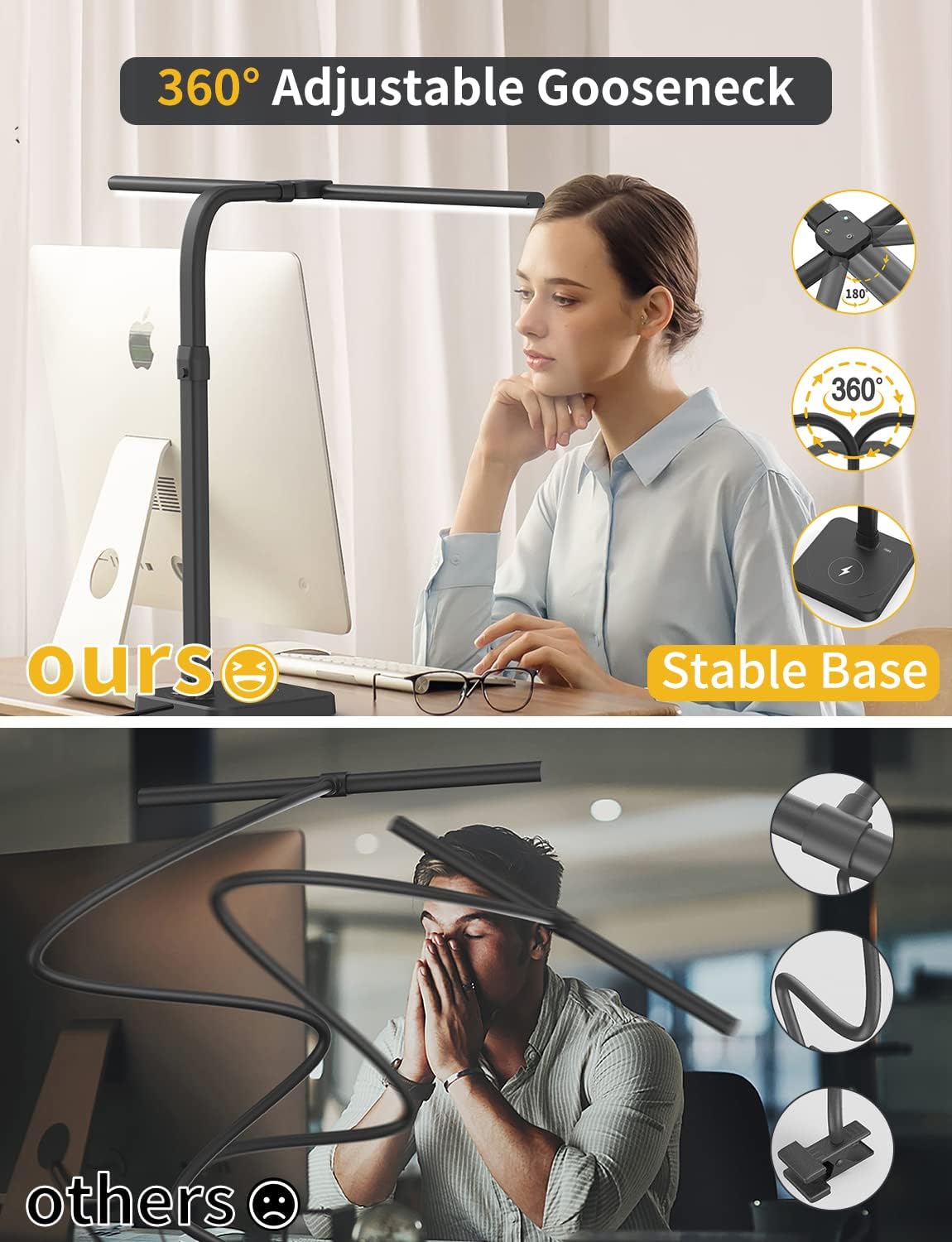 AKRRYR Double-Head LED Desk Lamp with USB & Wireless Charger