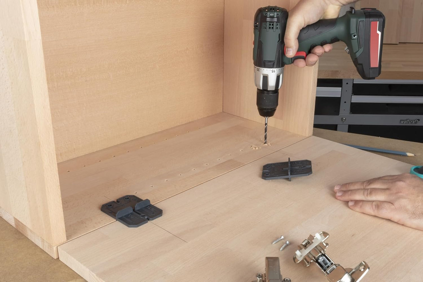 Wolfcraft Hinge Hole Set: Precise 35mm Drilling for Easy Pot Hinge Installation