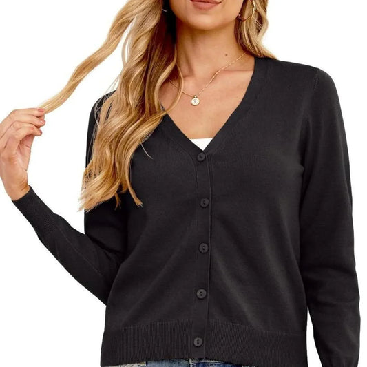 GRECERELLE Women's Lightweight Black Knitted V‑Neck Long Sleeve Button‑Down Cardigan - Gomix Brands Outlet