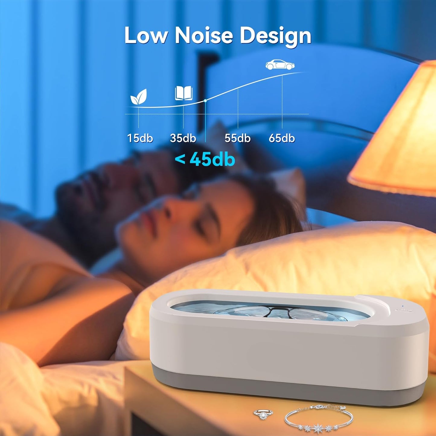 Person lying in bed with a KUNPHY device on a nightstand, indicating low noise design.