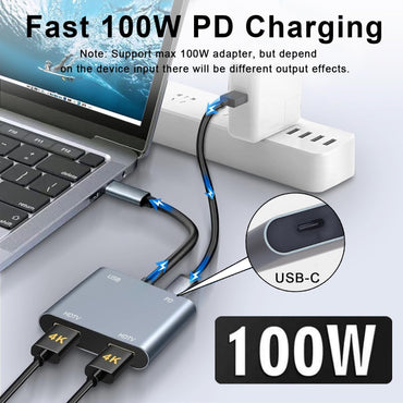 Luonanava USB-C auf Dual HDMI Adapter 4K@60Hz 4-in-1 Hub mit 100W PD und USB 3.0 Grau