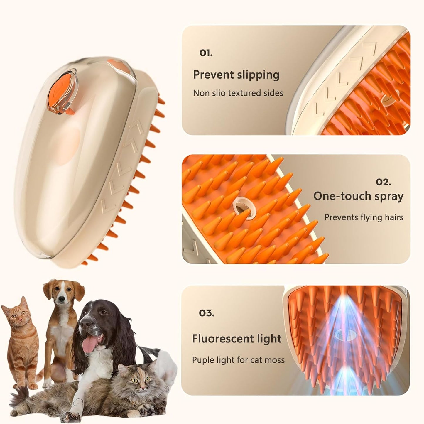 4-in-1 Electric Pet Brush with Vibration, Cooling Spray, LED Light