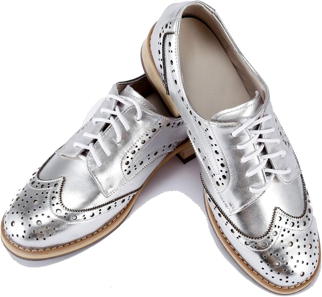 U-lite Women's Perforated Lace-Up Wingtip Leather Flat Oxford Shoes
