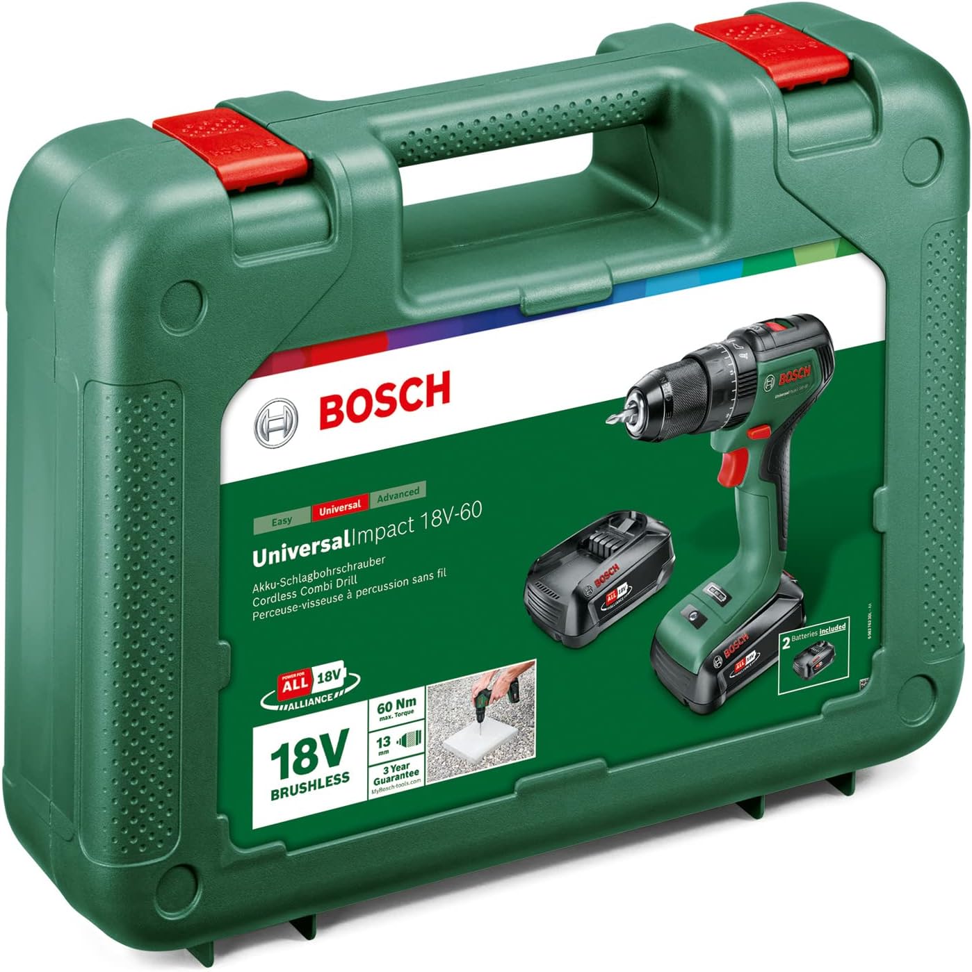 Bosch UniversalImpact 18V Cordless Combi Drill Kit with Dual 1.5Ah Batteries