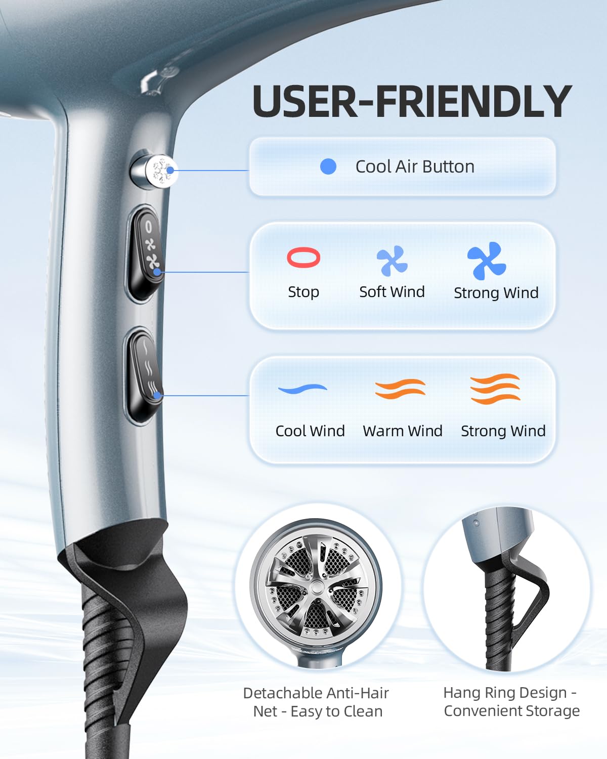 Ionic Hair Dryer with Diffuser & Comb Attachments, 2 Speed Professional