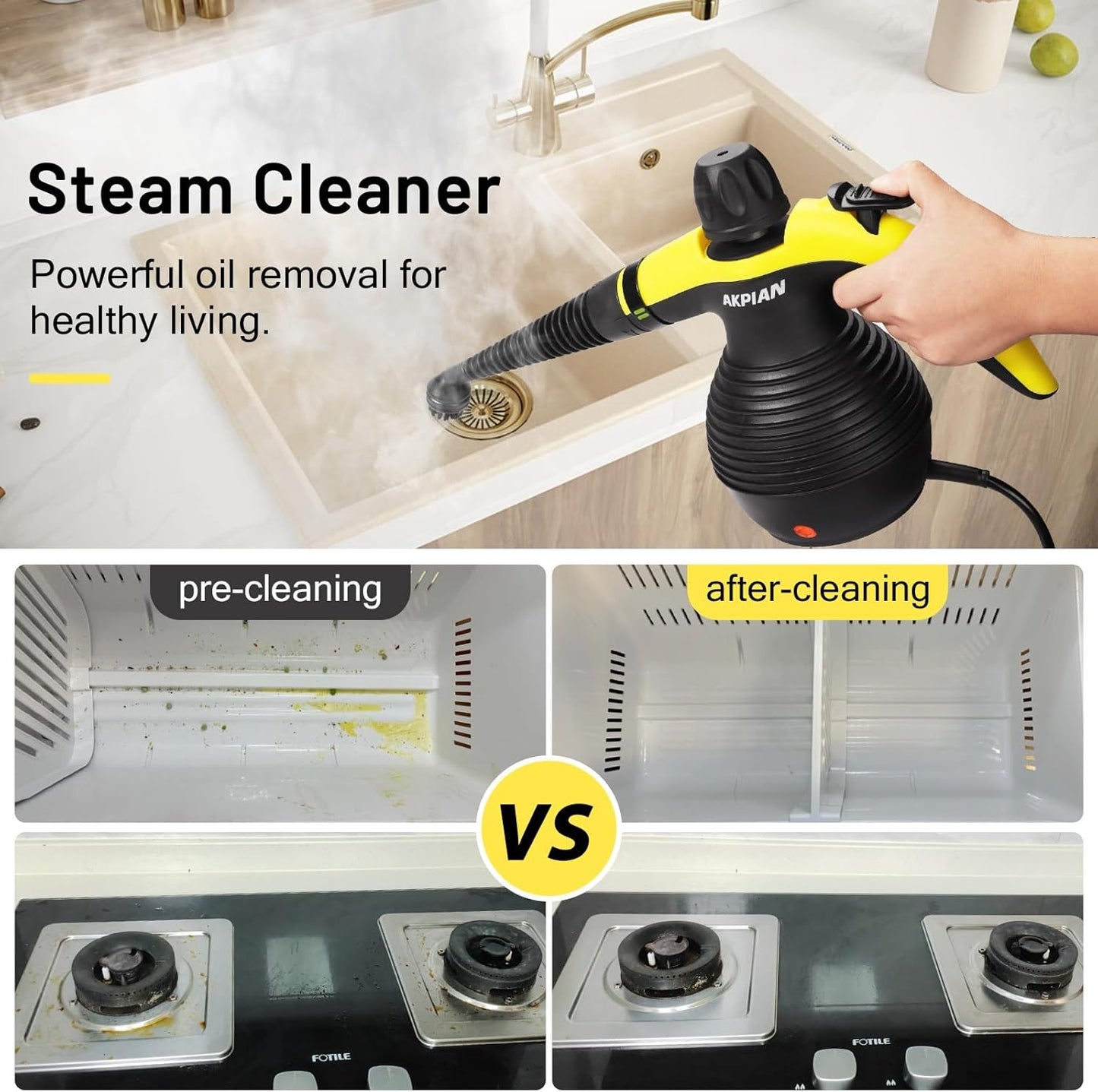 AKPIAN Handheld Pressurized Steam Cleaner with 10-Accessory Set