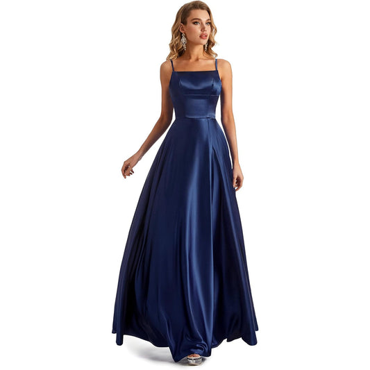 Lecureler Satin Spaghetti Strap Prom Dress - Navy Blue Evening Gown
