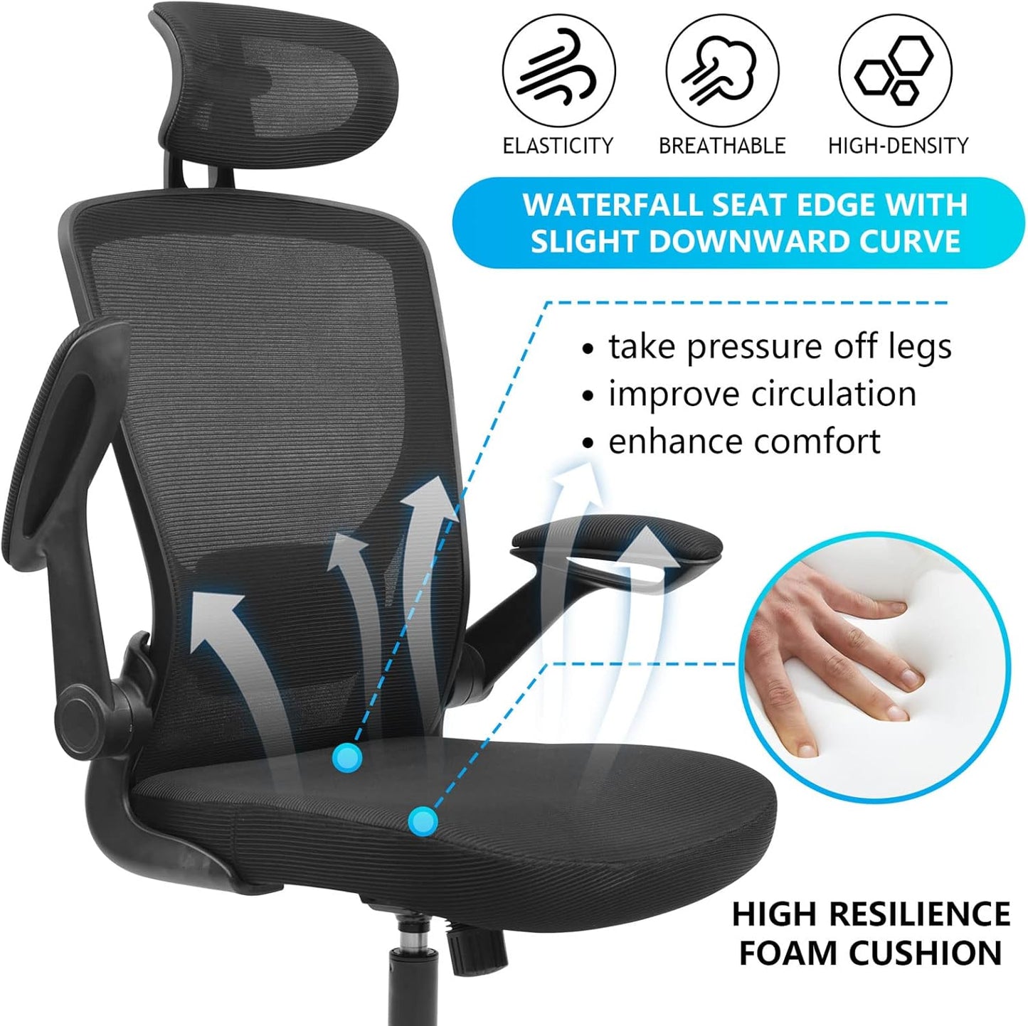 KERDOM Ergonomic Mesh Office Chair with Adjustable Lumbar, Flip‑Up Arms