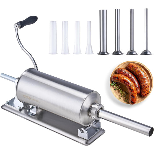 VEVOR Manual Sausage Stuffer 2.5L Horizontal Stainless Steel with 8 Tubes