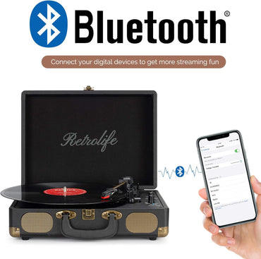 Retrolife Portable 3-Speed Bluetooth Belt-Driven Vinyl Turntable with Built-in Speakers