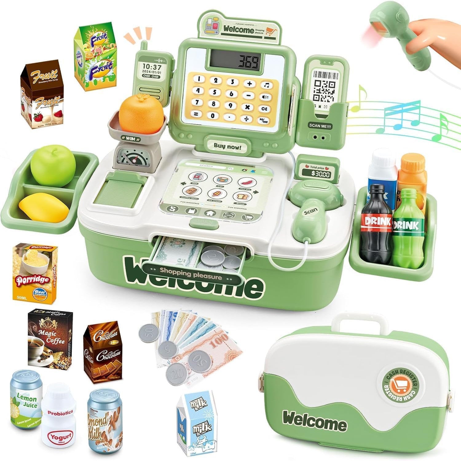 AquaFalcon Kids Pretend Cash Register Playset with Scanner and Money
