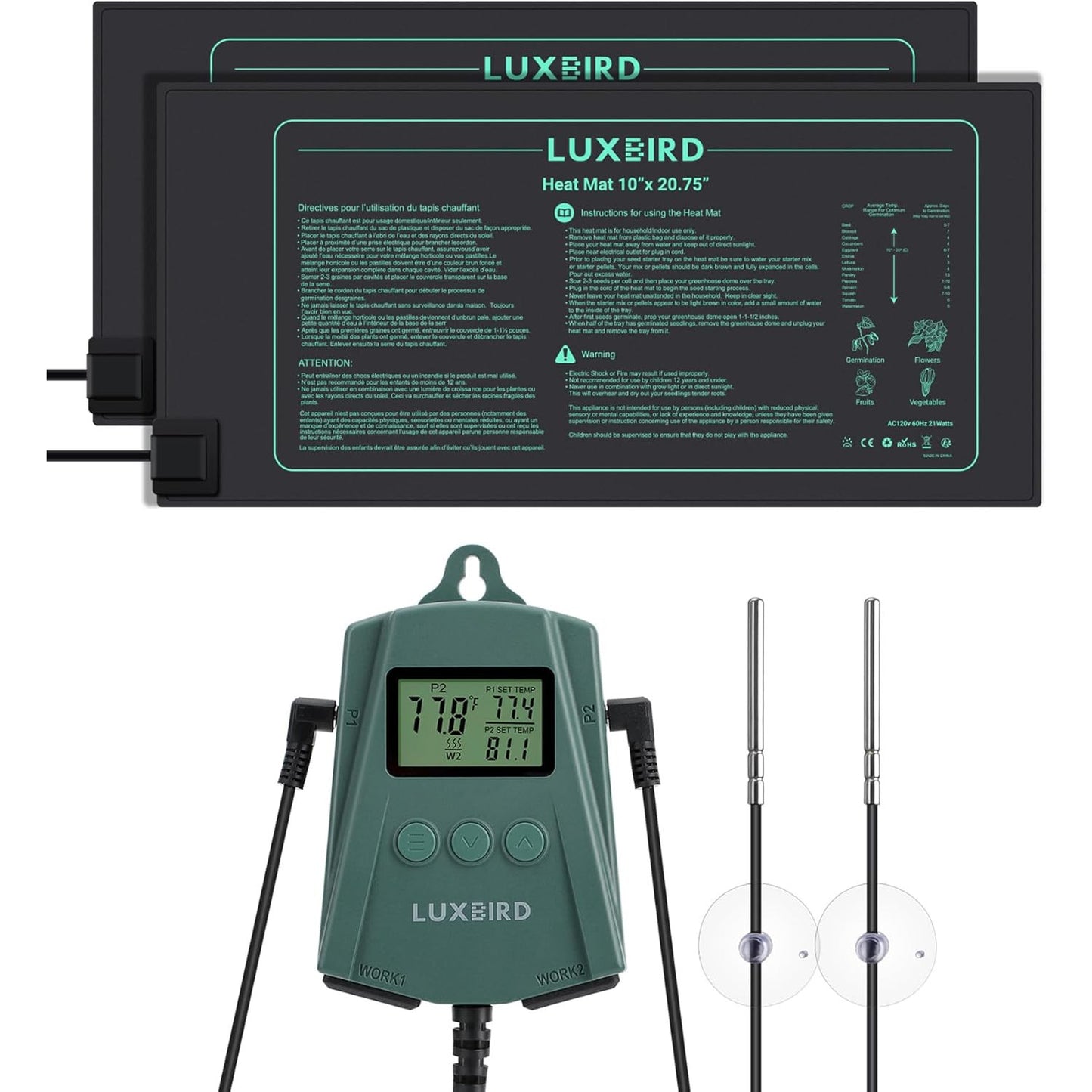 LUXBIRD 2-Pack Seedling Heat Mat Combo with Digital Thermostat