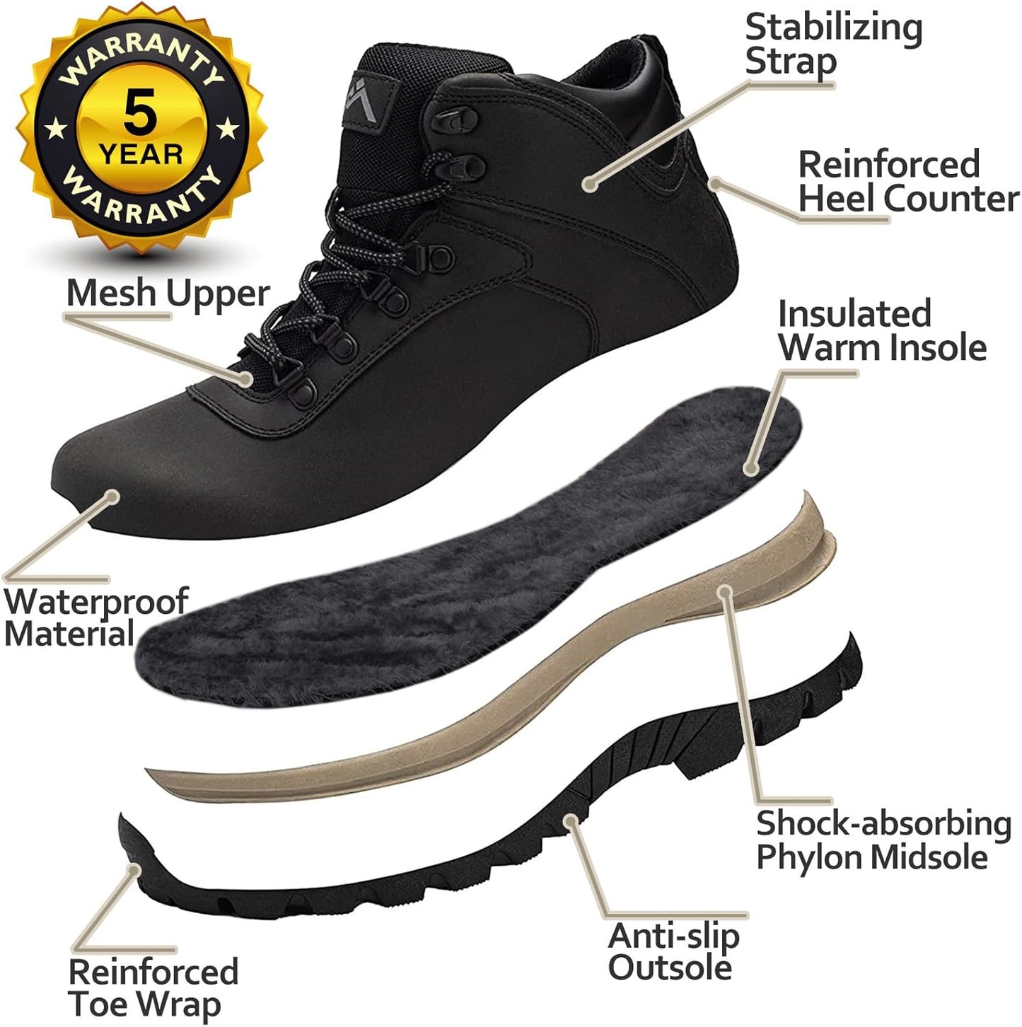 CC-Los Men's Lightweight Winter Snow Boots – Warm All-Day Comfort