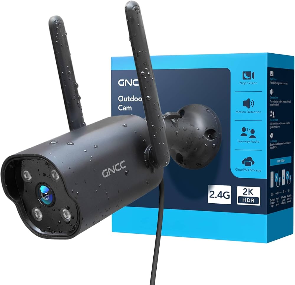 GNCC 2K Outdoor Bullet Security Camera with Color Night Vision, Motion Detection, Two-Way Audio, Weatherproof IP66