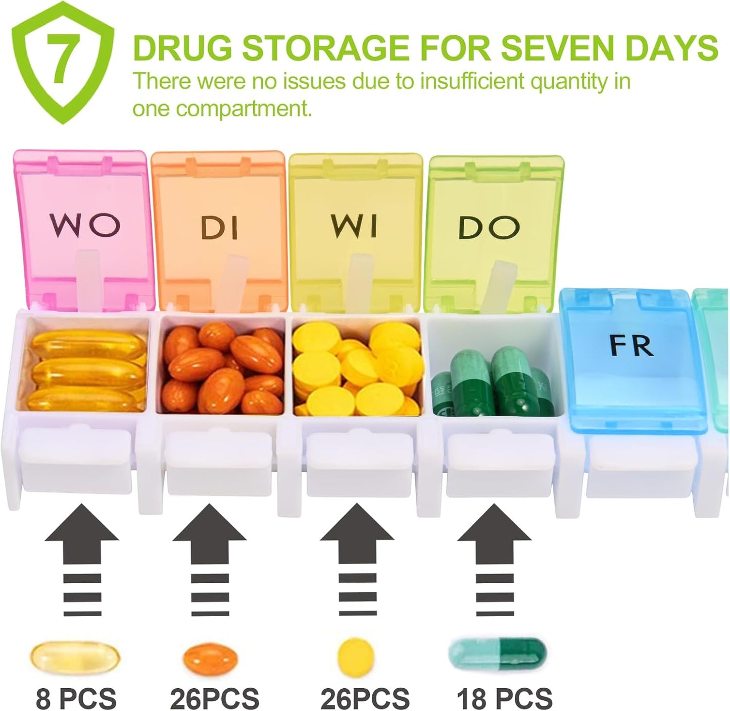 Rainbow 7-Day Pill Organizer with Easy-Open Button, Multicolored