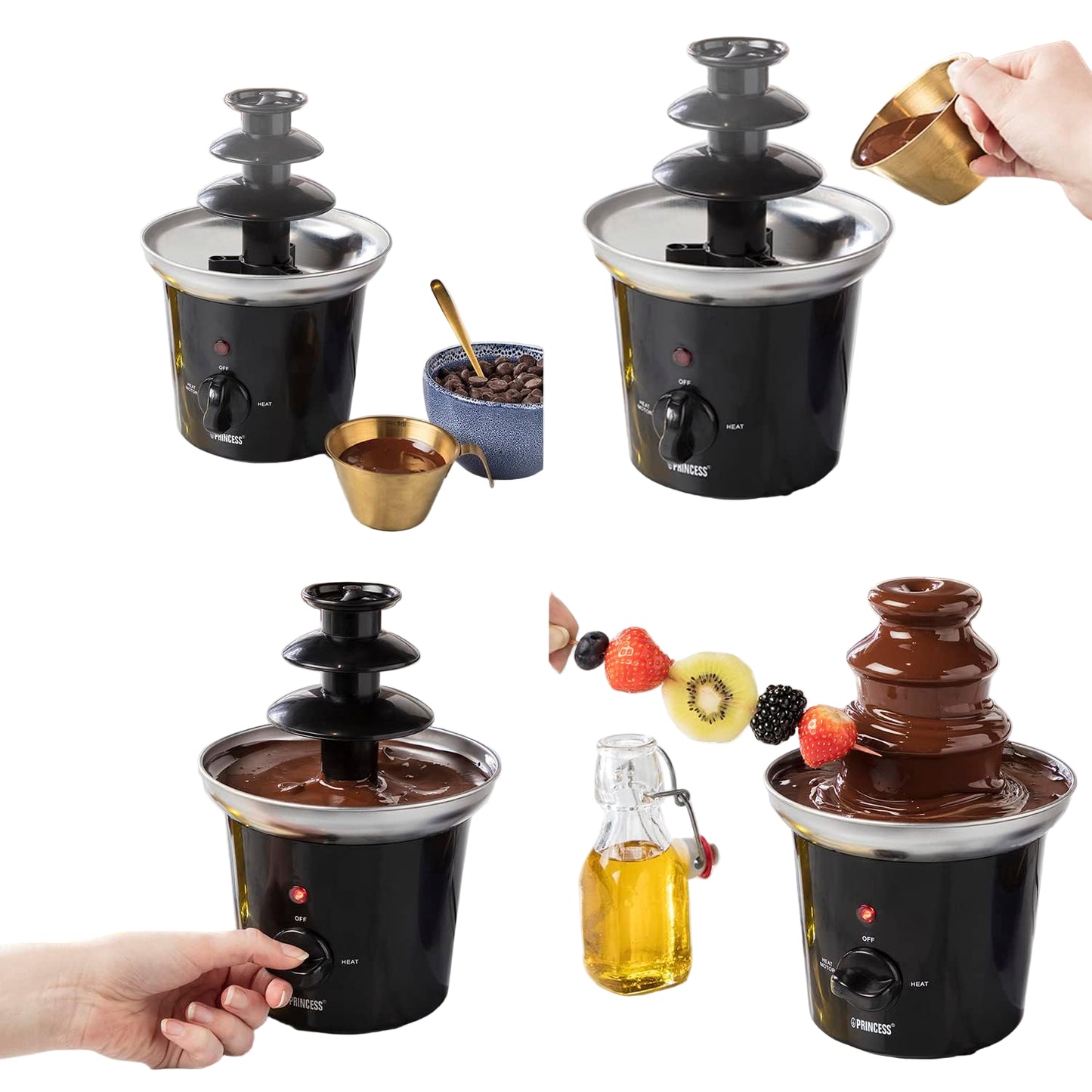Princess 3‑Tier Stainless Steel Chocolate Fountain with Warm‑Keep, 0.4L
