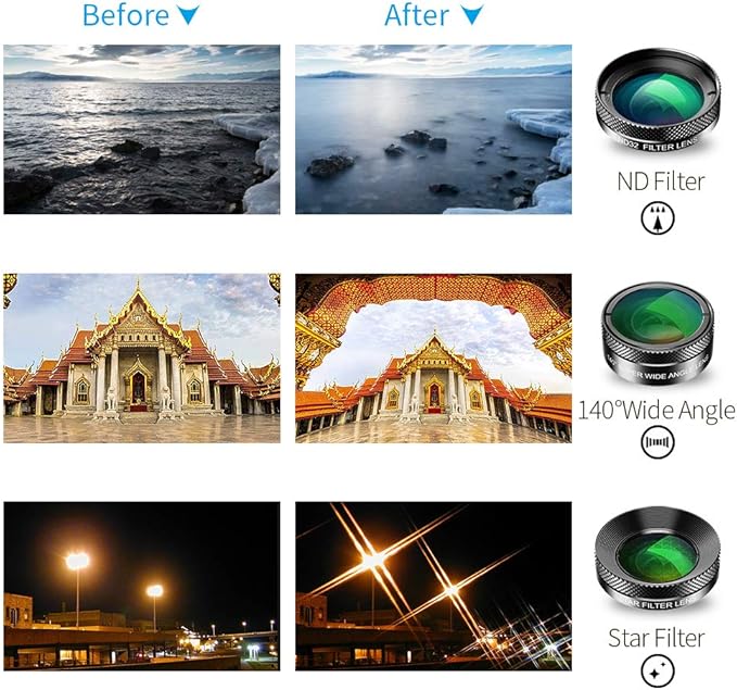 APEXEL 6in1 Clip on Phone Lens Kit before and after