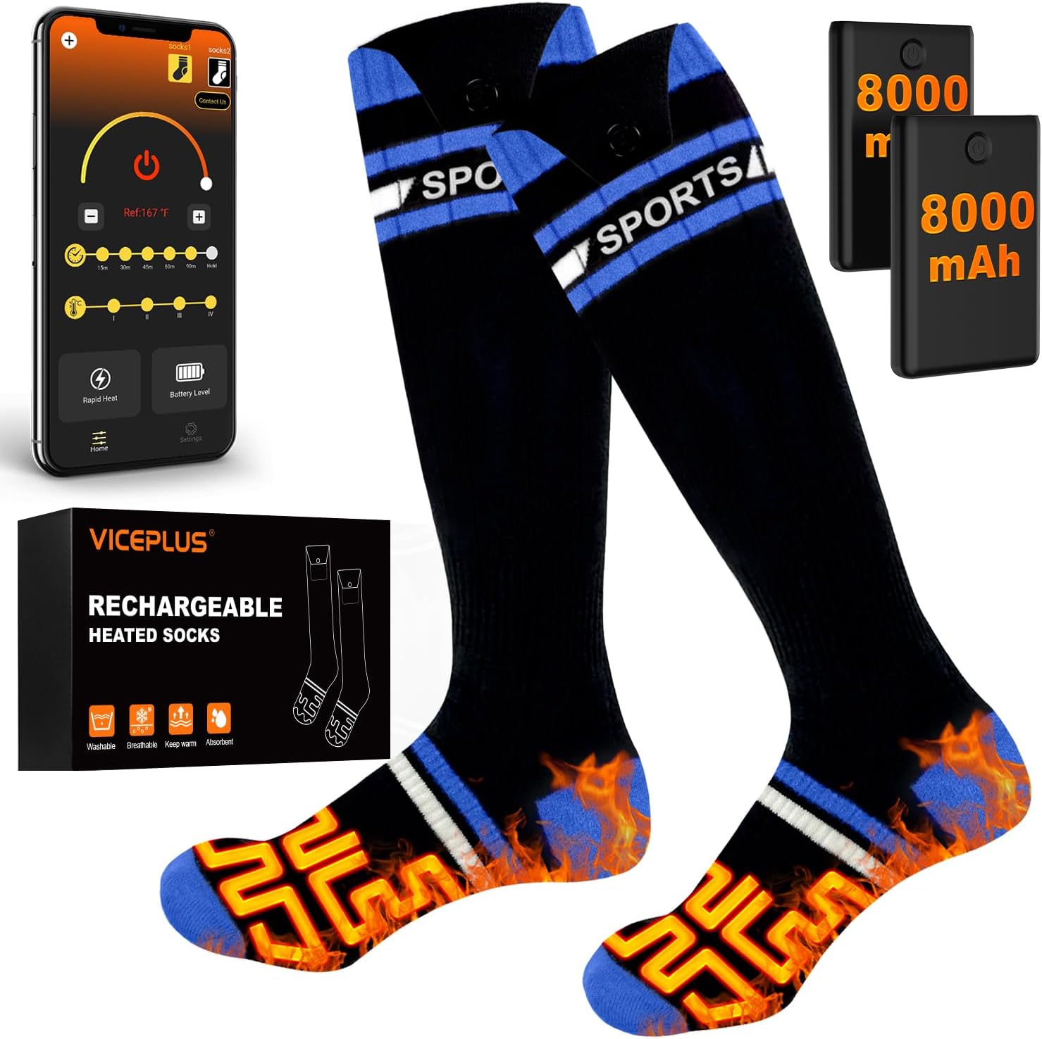VICEPLUS Heated Ski Socks with 8000mAh Battery and App Control
