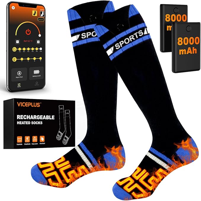 VICEPLUS Heated Ski Socks with 8000mAh Battery and App Control