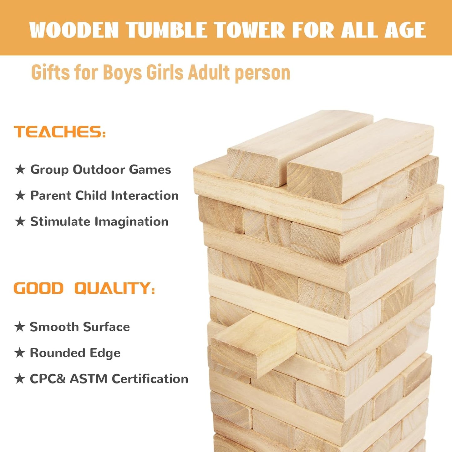 Giant Wooden Tumble Tower Game – 60 Large Timber Blocks