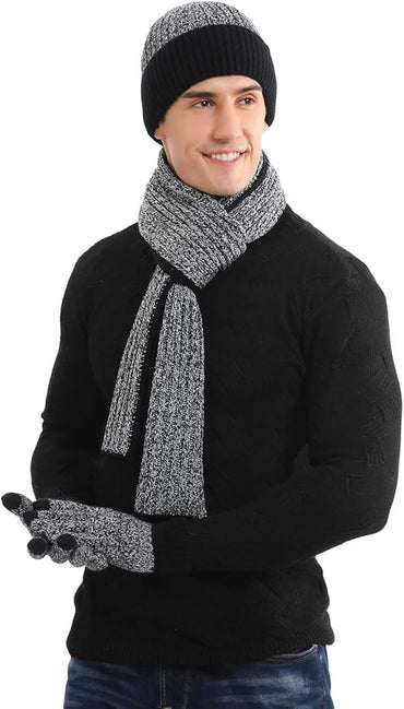 Tofern Black Winter Beanie, Scarf & Touchscreen Gloves Set