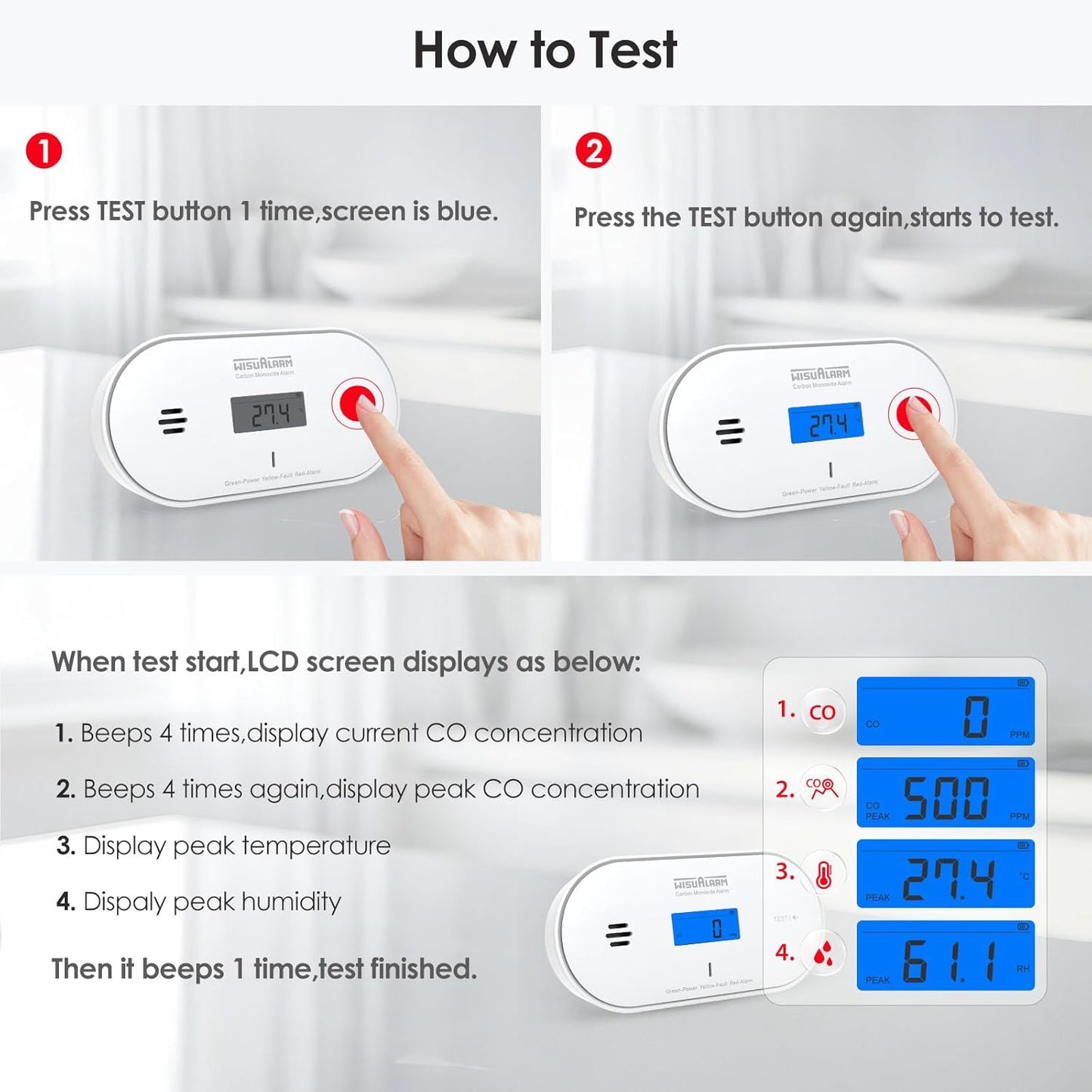 Digital Carbon Monoxide Detector: 10-Year Battery, LCD Display, Temp & Humidity