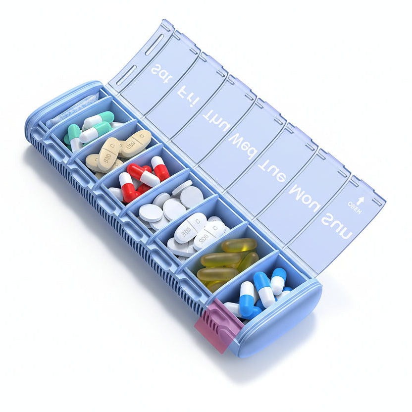 VAYDEER 7-Day Weekly Pill Organizer – Blue Small Metal Travel Case
